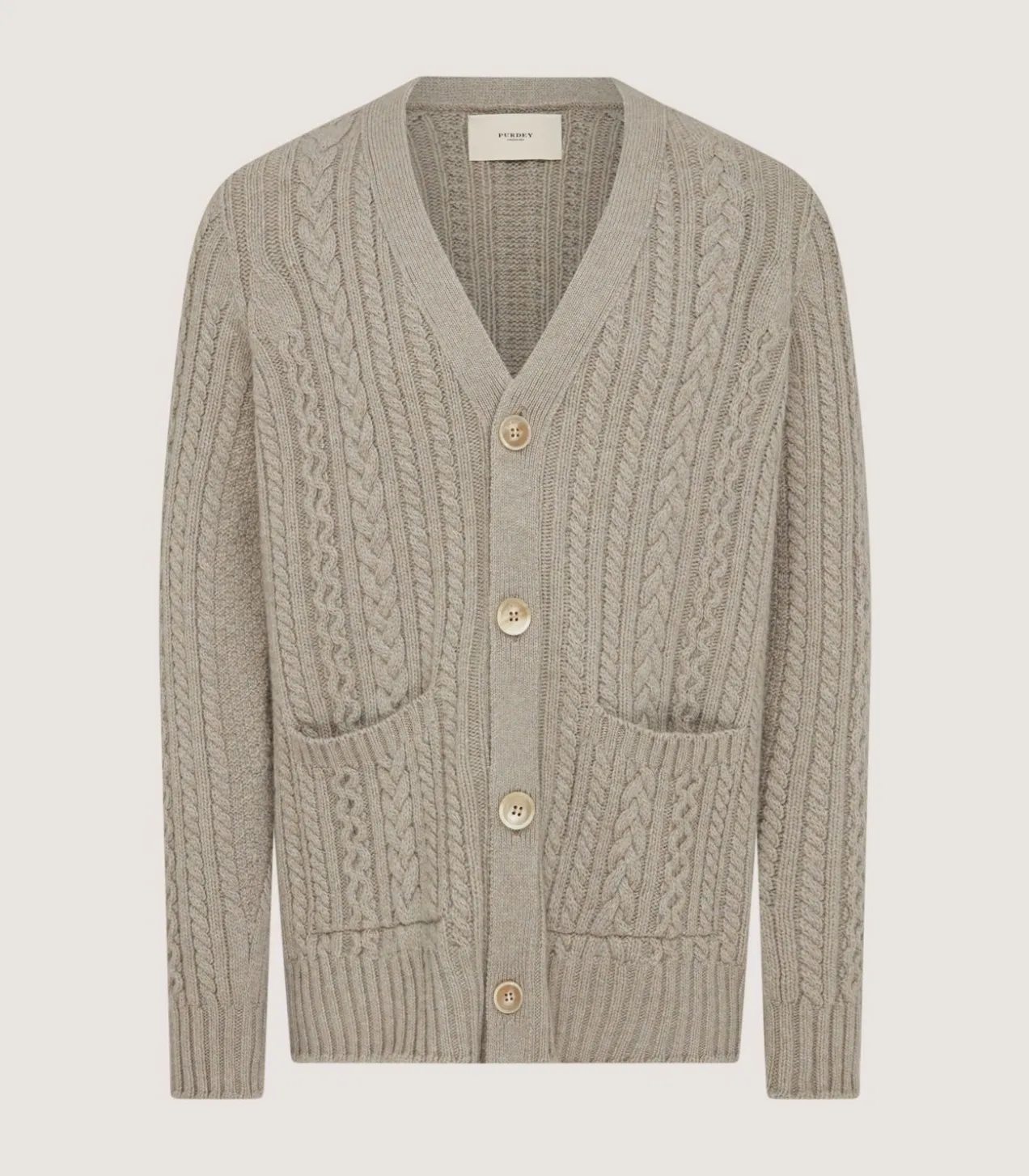 Men'S Cashmere Cable And Rib V Neck Cardigan In Drab