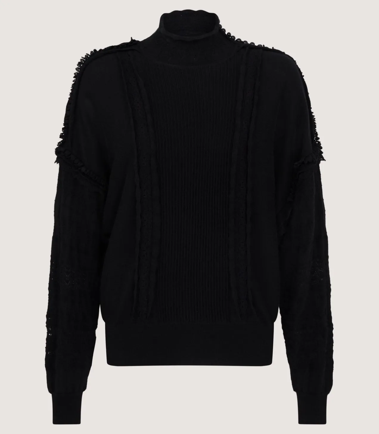 Women'S Cashmere Sweater Blouse With Lace Trim In Black