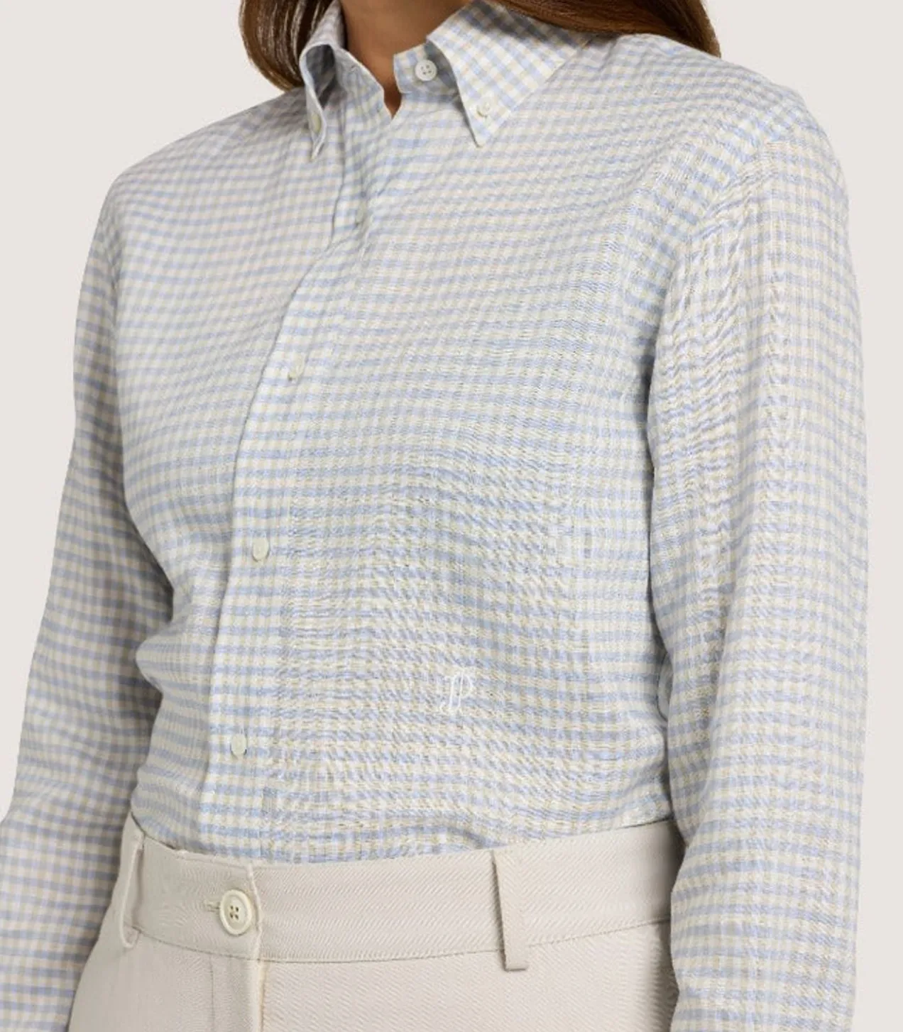 Women'S Pale Indigo Linen Shepherd Check Button Down Shirt